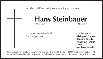 Traueranzeige von Hans Steinbauer von Pegnitz-Zeitung